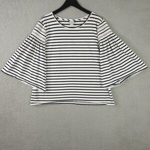 Chicos Shirt Womens 3 US XL Blue White Striped Bell Sleeve Smocked Shoulder Top